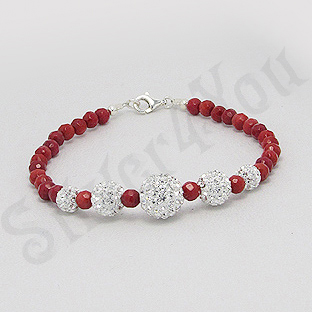 Bratara argint cristale albe margele coral rosu multifatetate - PK2234
