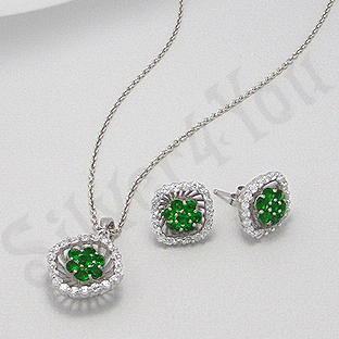 Set argint cercei-pandant zircon verde si alb aspect aur alb - PK2070