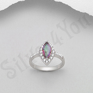 Inel argint logodna topaz mistic si zirconii albe oval aspect aur alb - PK2042