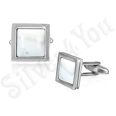 Butoni inox patrati piatra alba camasa barbati - PK2088
