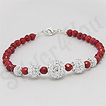 Bijuterii HANDMADE - Bratara argint cristale albe margele coral rosu multifatetate - PK2234